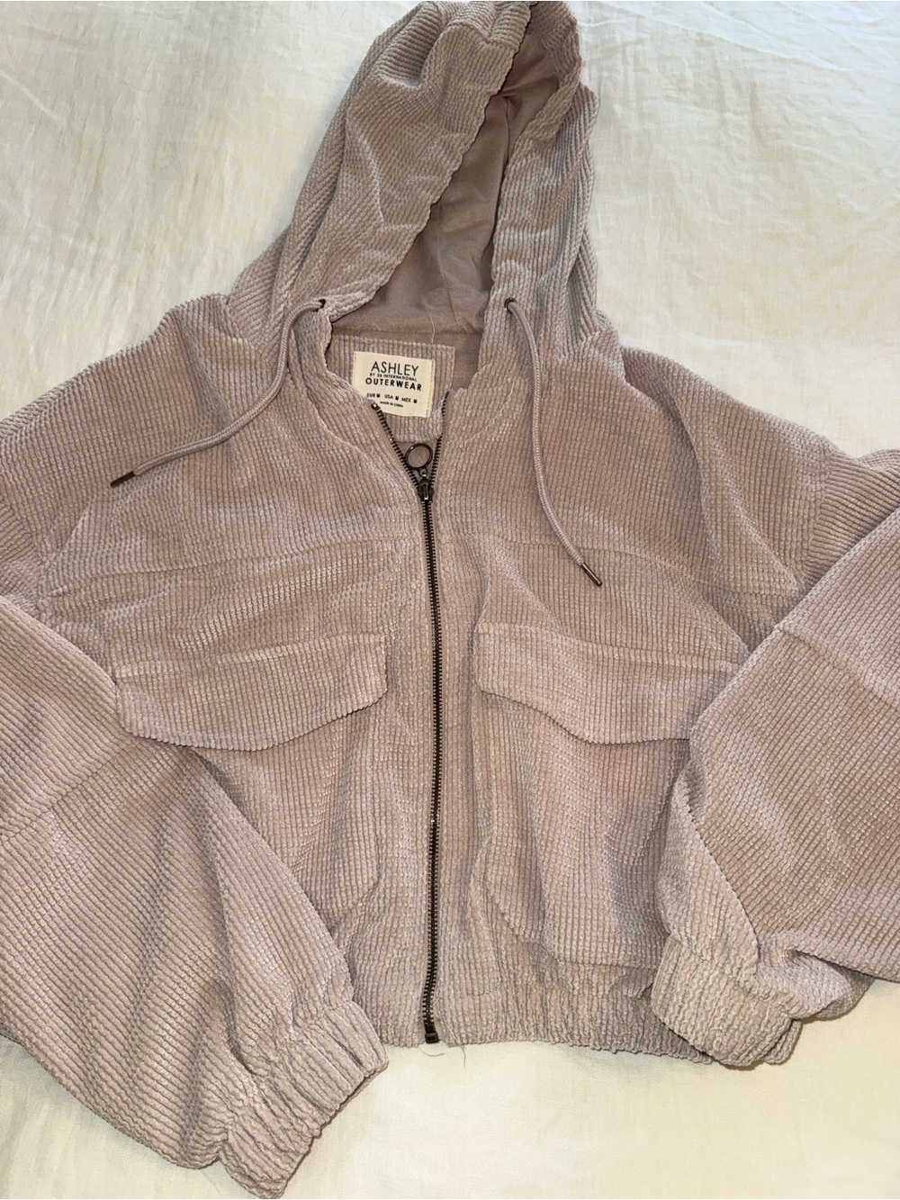 Ashley By 26 International Hooded Corduroy Puffer Jacket in Light Mauve